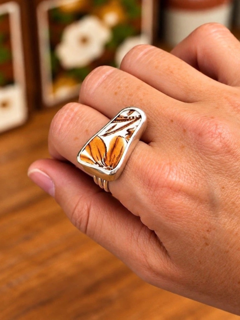 Handmade (by me) Floral Vintage Plate Statement Ring| Sterling Silver| Cottageco